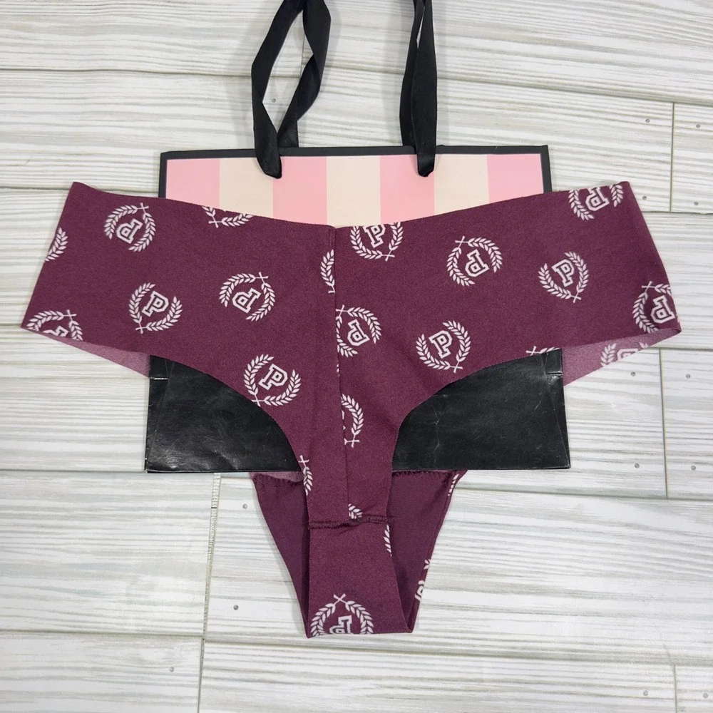 NWT Victoria's Secret‎ PINK Thong Panty Burgundy P Logo Print Lingerie M